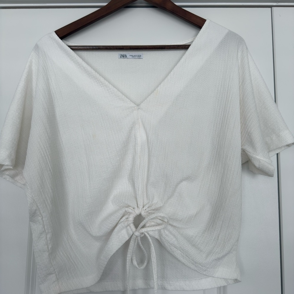 Zara White Short Sleeve Tie Front Blouse